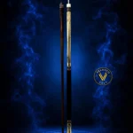"A custom pool cue made from exotic Spalted Tamarind with ebony wood accents and detailed turquoise inlays, a genuine black-colored wrapless leather handle grip, and a premium V7-Pro shaft. Handcrafted quality, custom performance."