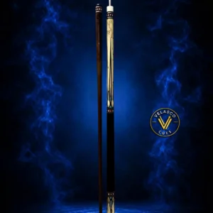 "A custom pool cue made from exotic Spalted Tamarind with ebony wood accents and detailed turquoise inlays, a genuine black-colored wrapless leather handle grip, and a premium V7-Pro shaft. Handcrafted quality, custom performance."