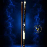 A premium Tiger Ebony cue with Abalone and Spalted Tamarind inlays, lizard leather wrap, and V7 Pro shaft. Clean design with bold wood contrast and elegant craftsman