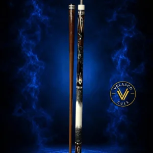 A premium Tiger Ebony cue with Abalone and Spalted Tamarind inlays, lizard leather wrap, and V7 Pro shaft. Clean design with bold wood contrast and elegant craftsman