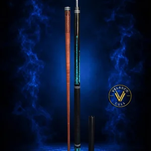 A custom pool cue made from stained black premium hard maple with turquoise inlays and a genuine embossed lizard leather wrap, and a premium V7-Pro shaft. Handcrafted quality, custom performance.